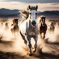 Horses with Long Mane - Portrait of Galloping Run in Desert Dust - High-Speed Close-Up Royalty Free Stock Photo