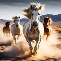 Horses with Long Mane - Portrait of Galloping Run in Desert Dust - High-Speed Close-Up Royalty Free Stock Photo