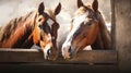 Horses looking out from stable windows. Concept of horse stabling, animal care, sports equestrian club, farm life, and