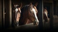 Horses looking out from stable windows. Concept of horse stabling, animal care, sports equestrian club, farm life