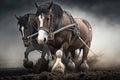 Horses plow the land. Horses work field. AI Generated