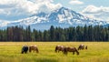 Horses on a Ranch in Central Oregon with the Cascade Mountains Royalty Free Stock Photo