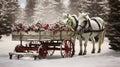 Horses Near A Holiday Decorated Tree Wagon In The Snowy Forest. Generative AI