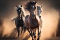 Horses run gallop in dust. Beautiful horses in motion. Royalty Free Stock Photo