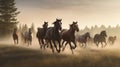 Horses run gallop in the meadow at sunrise Royalty Free Stock Photo