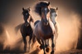 Horses run gallop in the sand in the desert at sunset Royalty Free Stock Photo