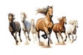 Horses running in dust isolated on a white background. 3d rendering, Horses running in different positions on a white background,