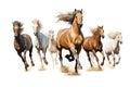 Horses running in dust isolated on a white background. 3d rendering, Horses running in different positions on a white background,