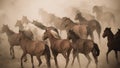 Horses running and kicking up dust. Yilki horses in Kayseri Turkey are wild horses with no owners