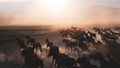 Horses running and kicking up dust. Yilki horses in Kayseri Turkey are wild horses with no owners Royalty Free Stock Photo