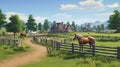 Horses in a rural paddock with a painting style view