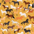 Horses seamless pattern flat vector illustration. Mare and stallion of different breeds on yellow background. Farm