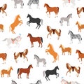 Horses seamless pattern vector illustration, cartoon flat herbivorous ungulates includes horse, pony, zebra donkey