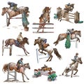 Horses - show jumping. Colored collection, pack of freehand sketches. Line art