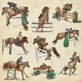 Horses - show jumping. Colored collection, pack of freehand sketches. Line art on paper