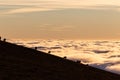 Horses silhouettes on a mountain over a sea of fog at sunset, with beautiful warm colors Royalty Free Stock Photo