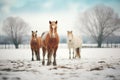 horses in a snowy pastureland