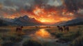 Horses Sunset Prairie Mountain Landscape Artwork Royalty Free Stock Photo