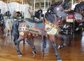 Horses on a traditional fairground Jane's carousel in Brooklyn