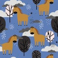 Horses and trees, decorative cute background. Colorful seamless pattern with animals, clouds