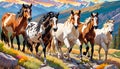 Horses trotting high mountains ranch meadow herd