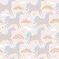 Colorful seamless pattern with horses - unicorns, rainbow, stars. Decorative cute background with animals, sky Royalty Free Stock Photo