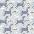 Colorful seamless pattern with horses - unicorns, rainbow, sky. Decorative cute background with funny animals Royalty Free Stock Photo