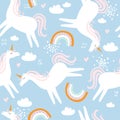 Colorful seamless pattern with horses - unicorns, rainbow, sky. Decorative cute background with funny animals Royalty Free Stock Photo