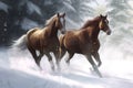 Horses winter field forest. Generate Ai