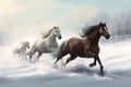 Horses winter field. Generate Ai