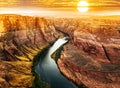 Horseshoe Bend by Grand Canyon at sunset. Red rock canyon road panoramic landscape. Mountain road in red rock canyon Royalty Free Stock Photo