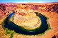 Horseshoe Bend, Page, Arizona. Horse Shoe Bend on Colorado River, Grand Canyon. Red rock canyon road panoramic view. Royalty Free Stock Photo