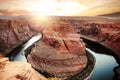 Horseshoe Bend: Panoramic View of the Colorado River Meander. This photo was taken during the golden hour Royalty Free Stock Photo