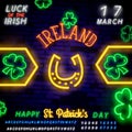 Horseshoe and clover leaf neon sign. Saint Patricks Day design. Night bright neon sign, colorful billboard, light banner. Vector