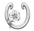 Horseshoe with clover sketch hand drawn in engraving style logo Royalty Free Stock Photo