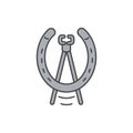 Horseshoe colored flat icon and nail pulling tool of blacksmith isolated on white background.