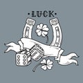 Horseshoe with dice, shamrock clover. Luck tattoo
