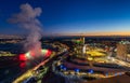 Horseshoe Falls winter illumination in twilight time. Niagara Falls City downtown horizon. Stunning landscape dusk to night. Royalty Free Stock Photo