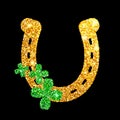 Horseshoe gold glitter. Four-leaf clover. illustration. Happy St. Patrick's Day