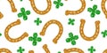 Horseshoe gold glitter. Hoof horse. Four-leaf green clover. Seamless pattern on white background. illustration. Happy St