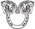 Horseshoe and heads of two horses. Floral style. Black and white vector Royalty Free Stock Photo