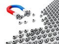 Horseshoe magnet pulling chrome spheres. 3D illustration Royalty Free Stock Photo