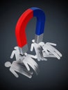 Horseshoe magnet pulling metal figures. 3D illustration