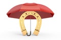 Horseshoe with umbrella, protect your luck. 3D rendering