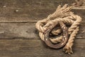 Horseshoe and vintage rope. Concept of good luck for St. Patrick`s Day. Old wooden boards background Royalty Free Stock Photo