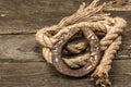 Horseshoe and vintage rope. Concept of good luck for St. Patrick`s Day. Old wooden boards background Royalty Free Stock Photo
