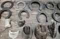 Horseshoes and hoofs of different sizes and materials