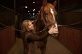 Horsewoman petting horse stroking animal muzzle over stable interior