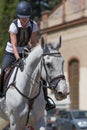 Horsewoman is stroking the horse on the neck after race Royalty Free Stock Photo