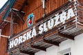 Horska Sluzba wooden hut and logo, Czech mountain rescue service, Czech Republic
